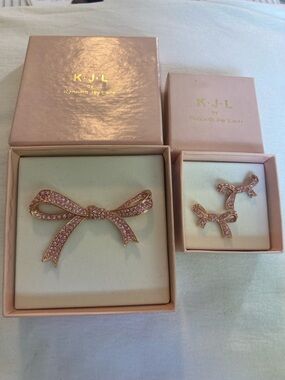 KJL Kenneth Jay Lane Pink Bow Brooch & Earrings Set Crystals Boxed